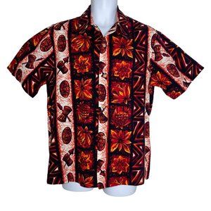 Ui-Maikai Vintage Fire Red Tiki Aloha Mask Drum Pineapple Retro Beach Shirt L